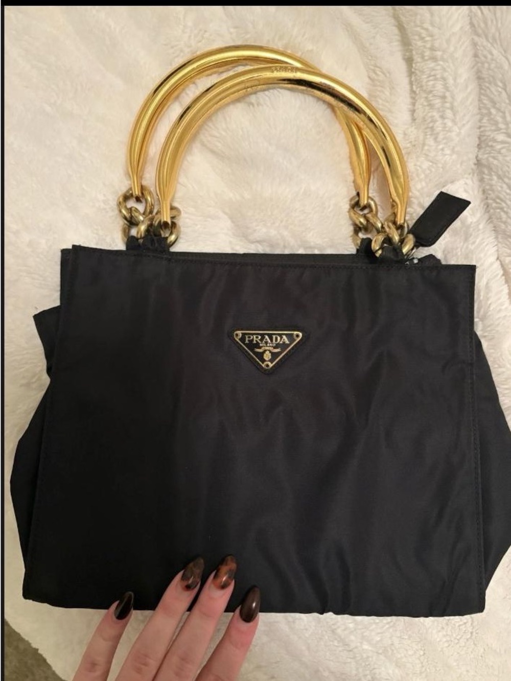 Prada Black Nylon Satchel with Gold-Tone Arched Handles and Triangle Logo - Picture 6 of 6